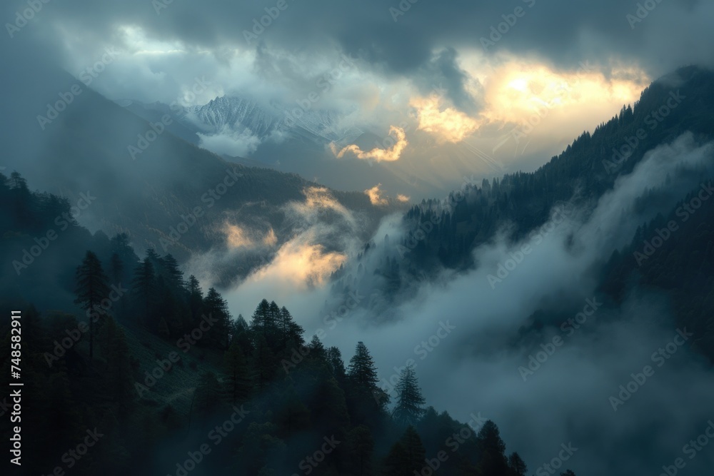 Sun shining through clouds over mountain landscape. Perfect for nature and travel concepts
