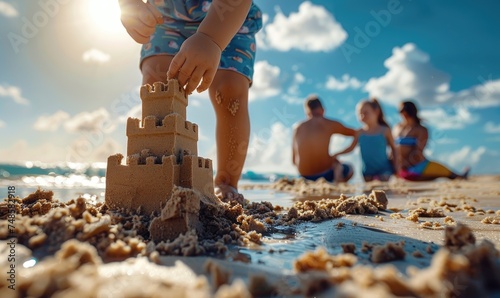 A child's hand building a sandcastle. Family beach vacation