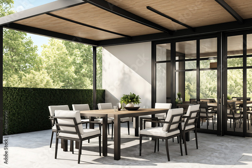 Outdoor Dinning Area - Covered Patio with Stylish Table and Chairs