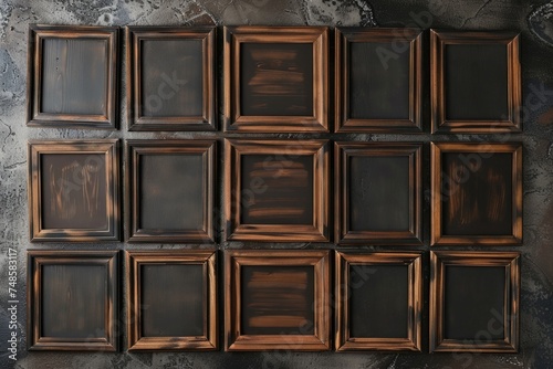 Wooden picture frames hanging on a wall, perfect for interior design projects
