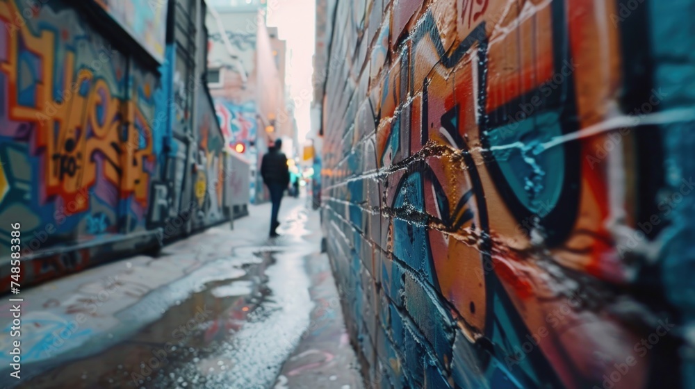 Urban scene with person walking past graffiti wall. Suitable for urban art or street culture themes