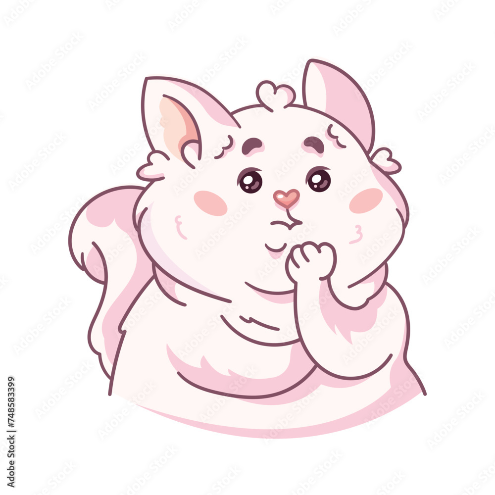 Cute fluffy cat in a thoughtful pose. Choice.  The cartoon character is a pet. Vector illustration isolated on a white background