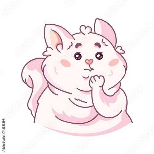 Cute fluffy cat in a thoughtful pose. Choice. The cartoon character is a pet. Vector illustration isolated on a white background