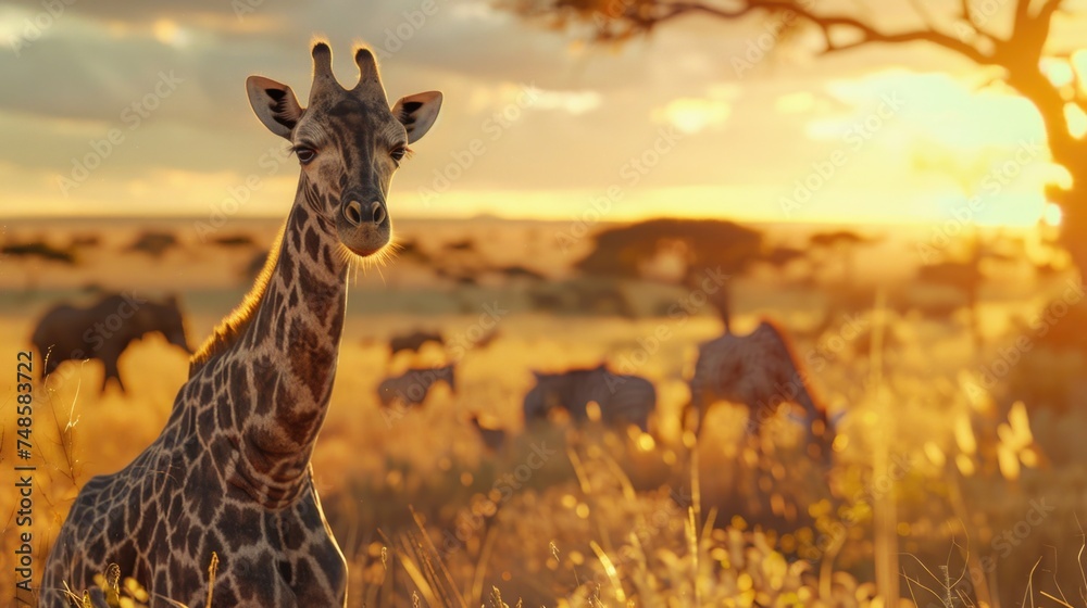 A giraffe standing in a field with other animals in the background. Suitable for wildlife and nature themes