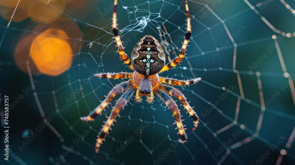 a close up of a spider on it's web in the middle of it's cobwe. a close up of a spider on it's web in the middle of it's cobwe.