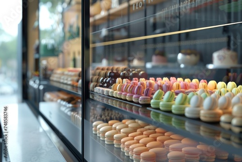 A variety of delicious pastries in a display case. Ideal for bakery or cafe promotions