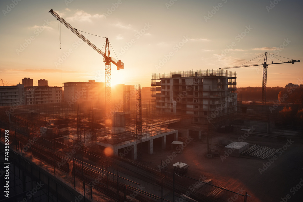 Construction site at sunset. Tower cranes on Construction of residential building in Europe. Housing renovation, real estate. Crane on formworks. Housing buildings. Ai Generative illustration