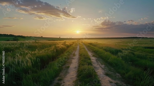 A serene sunset over a dirt road in a rural field. Suitable for nature and landscape themes