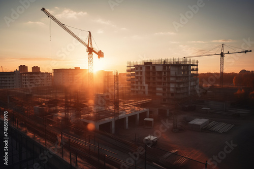 Construction site at sunset. Tower cranes on Construction of residential building in Europe. Housing renovation  real estate. Crane on formworks. Housing buildings. Ai Generative illustration