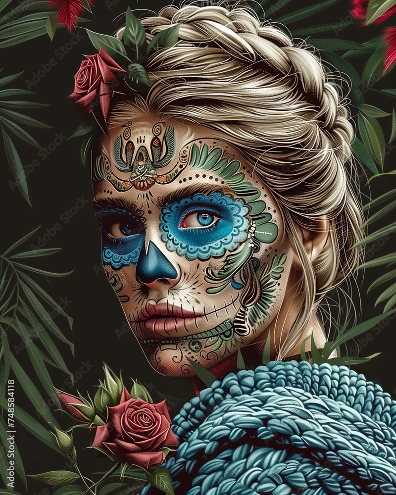 Naklejka premium T-shirt applique design. Portrait of a girl wearing makeup in honor of the Day of the Dead. Chicano style.