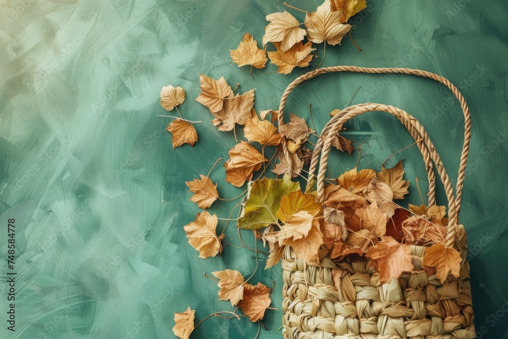 A wicker basket filled with leaves on a vibrant green background. Ideal for nature or eco-friendly themed designs - obrazy, fototapety, plakaty 