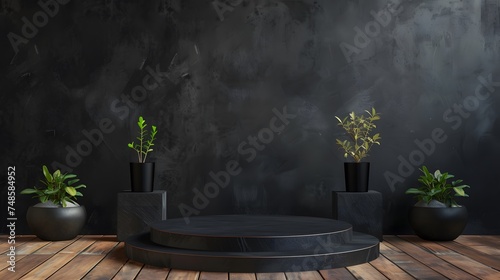 Black podium with plants on wooden floor and dark textured background. 3d rendering.