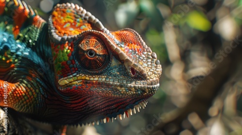 A vibrant chameleon perched on a tree branch  perfect for nature concepts