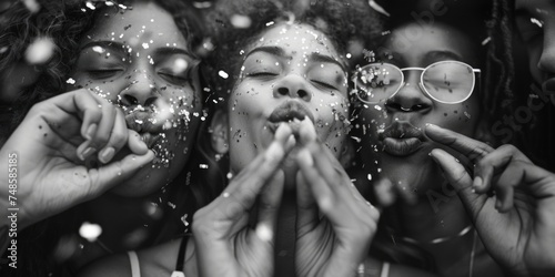 A black and white photo of a group of people blowing confetti. Ideal for celebrations and parties