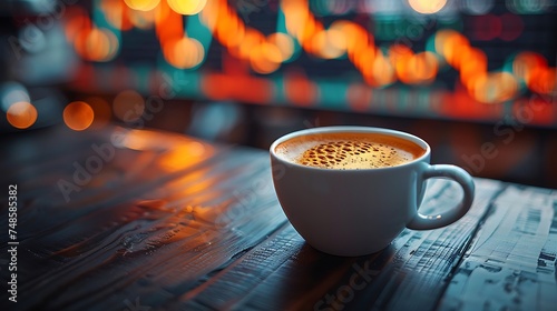 a cup of hot coffee on the table with a background full of trading charts