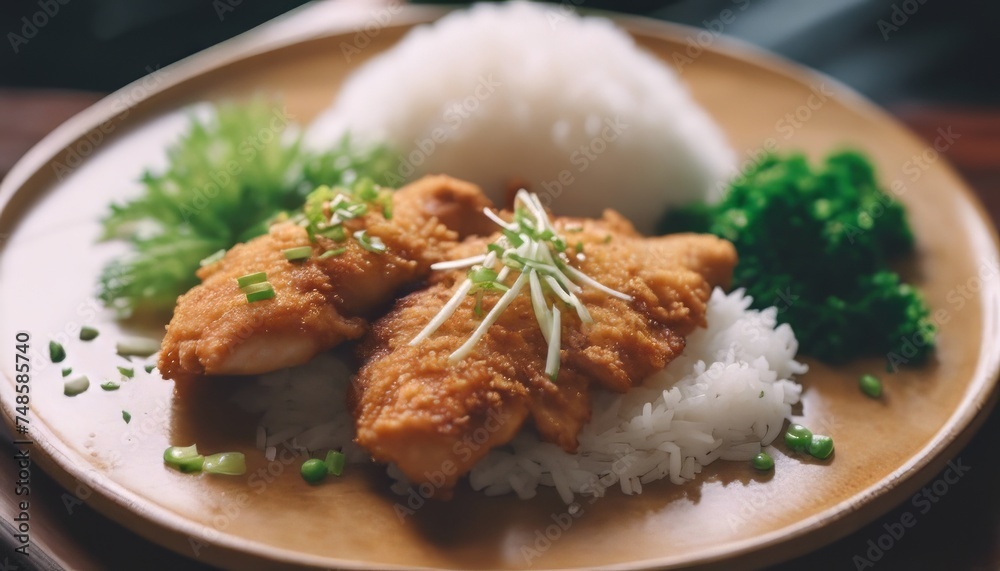view of aesthetic chicken katsu with some rice and garnish on top image background view of aesthetic chicken katsu with some rice and garnish on top image background