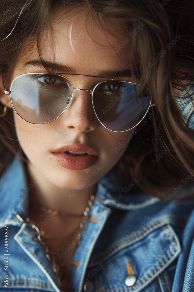 Close-up of a person wearing sunglasses, suitable for fashion or summer themes Close-up of a person wearing sunglasses, suitable for fashion or summer themes