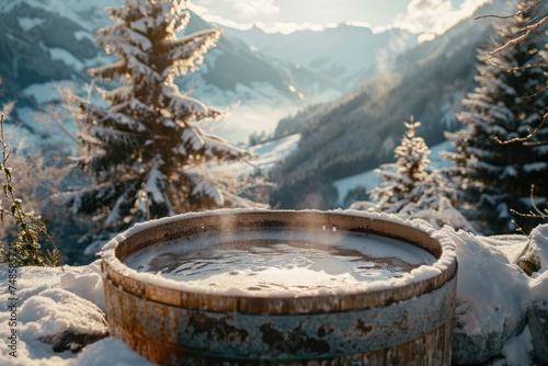 A hot tub sitting on top of a snow-covered slope. Perfect for winter relaxation