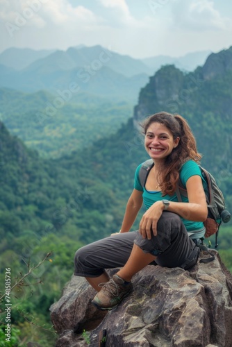 A woman sitting on top of a large rock. Perfect for outdoor and nature themed designs