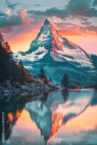 A stunning mountain reflecting in a calm lake at sunset. Ideal for nature and landscape themes