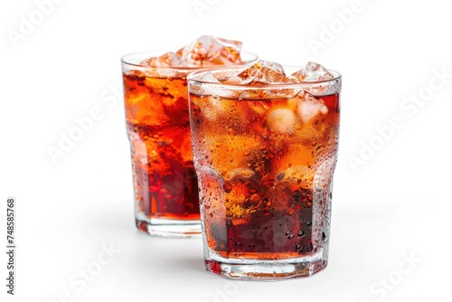 Two glasses of soda with ice cubes on a plain white background. Great for food and beverage concepts