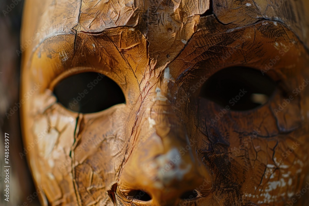 A close up of a wooden mask on a table. Suitable for cultural or artistic concepts