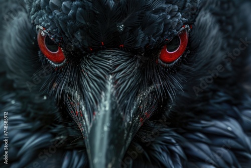 A detailed view of a black bird with striking red eyes. Suitable for spooky or Halloween-themed projects