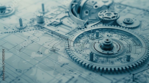 Close up of a clock on a blueprint, suitable for business concepts