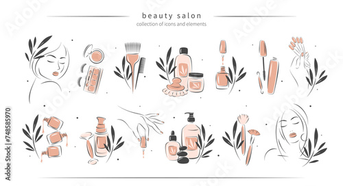 Big set of elements and icons for beauty salon. Nail polish,  manicured female hands, beautiful woman face, lipstick, eyelash extension, makeup, hairdressing. Vector illustrations