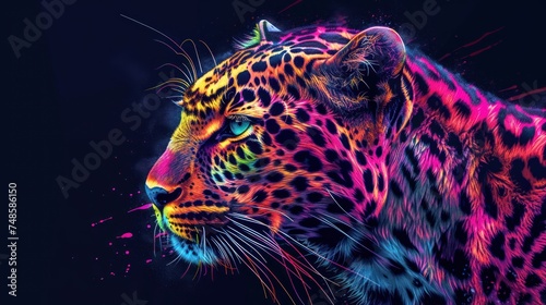 a close up of a colorful leopard s face on a black background with paint splattered all over it.