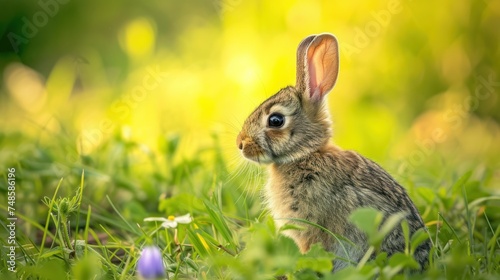 a small rabbit sitting in the grass with an egg in it's mouth in front of a blurry background.