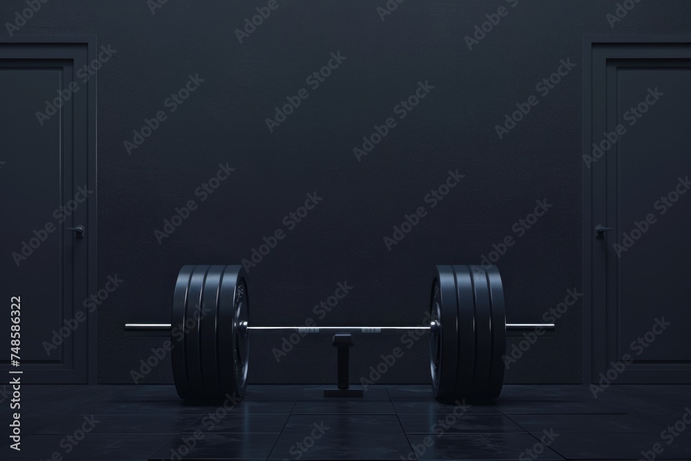 A barbell resting on a black floor, ideal for fitness and gym concepts