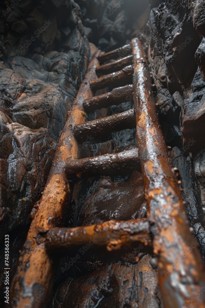 An old rusty ladder on top of a rocky hill. Suitable for outdoor and adventure themes