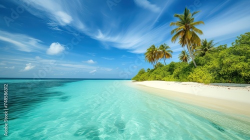 a tropical beach with clear blue water and palm trees on the shore of a tropical island in the middle of the ocean.