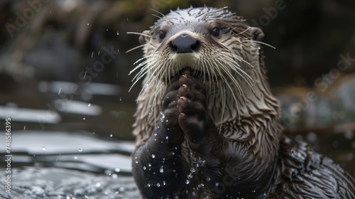 a close up of a wet otter in a body of water with it's hands in it's mouth.