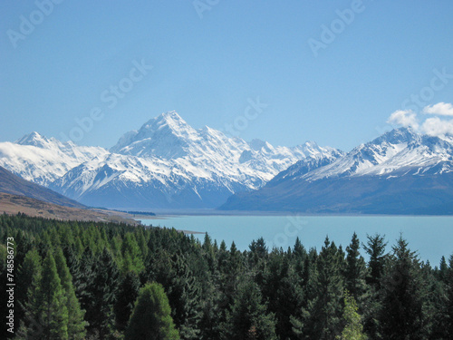 Majestic view of turquoise Lake Pukaki with snow-capped Aoraki Mt Cook on New Zealand s South Island