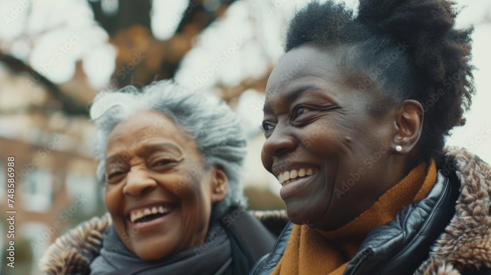 Two women smiling and laughing in the street. Suitable for lifestyle and friendship concepts Two women smiling and laughing in the street. Suitable for lifestyle and friendship concepts
