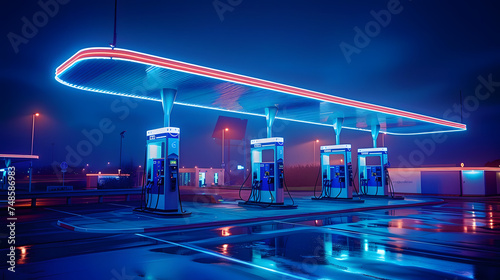 A futuristic gas station illuminated by vibrant blue lights at night