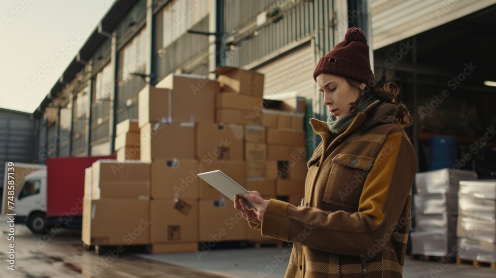 Woman standing in front of a pile of boxes, using a tablet. Ideal for business and technology concepts Woman standing in front of a pile of boxes, using a tablet. Ideal for business and technology concepts