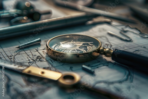 A magnifying glass sitting on top of a map. Ideal for travel or exploration concepts