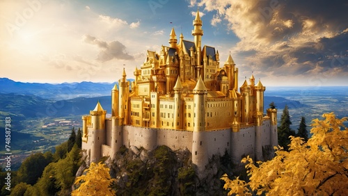 Fototapeta Castle made of gold, fantasy kingdom, wide angle, 3d render