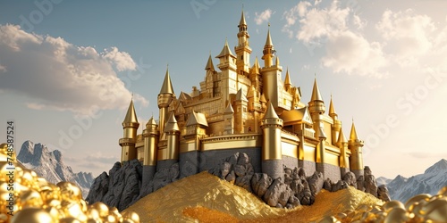 Castle made of gold, fantasy kingdom, wide angle, 3d render