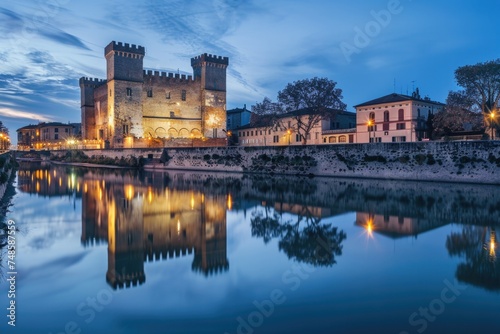 A large castle next to a body of water. Perfect for travel brochures
