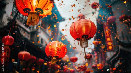 A vibrant street filled with red paper lanterns. Perfect for festive occasions and cultural celebrations