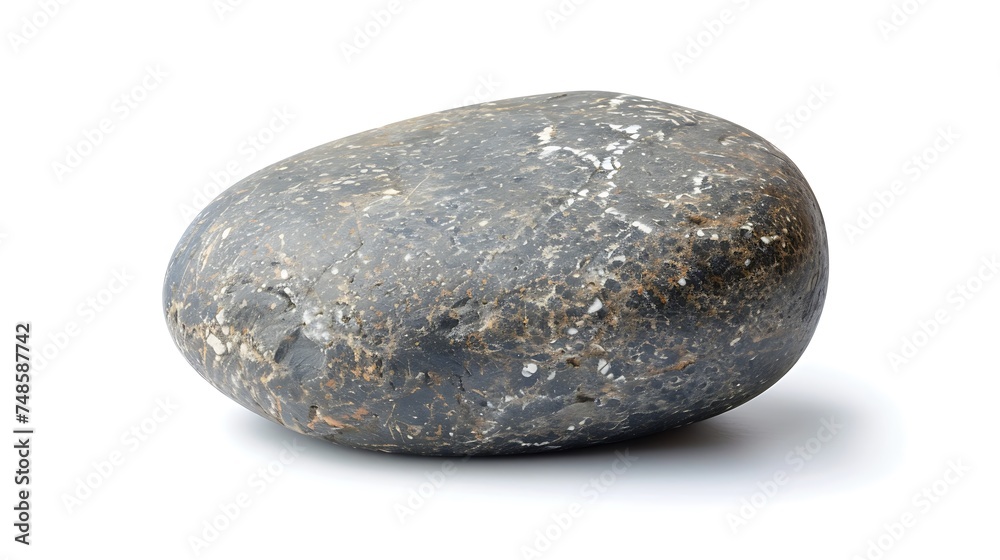 Large smooth stone isolated on white background. The stone is dark gray in color and has a rough texture. It is sitting on a white surface. Large smooth stone isolated on white background. The stone is dark gray in color and has a rough texture. It is sitting on a white surface.