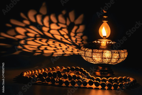 Islamic Lamp and Prayer Tasbih Against a Dark Background. Celebration of Ramadan  photo