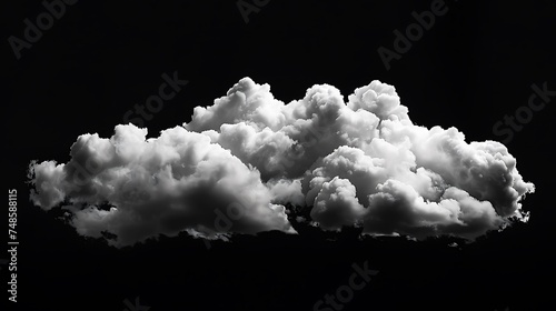 A grayscale image of a single cloud, with a dark background. The cloud is soft and fluffy, and it appears to be backlit by the sun.