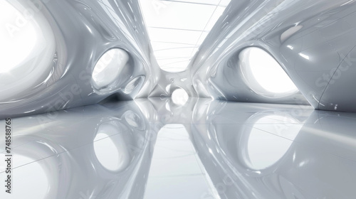 3d illustration of a square space with curves and shiny reflections. © imlane