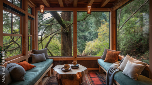 Rustic Retreat  Cozy Cabin with Wooden-Framed Windows  Offering Views of the Serene Forest Outside  Inviting a Tranquil Escape into Nature s Embrace