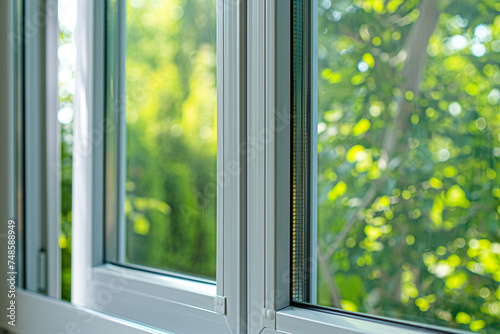 Energy-efficient home windows with double glazing, close-up on the technology and design, promoting sustainability and comfort 